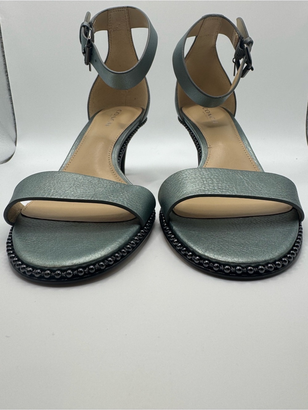 New Coach Maude Leather Ankle-Strap Sandal Heels Gun Metal Size 6 - Picture 3 of 9